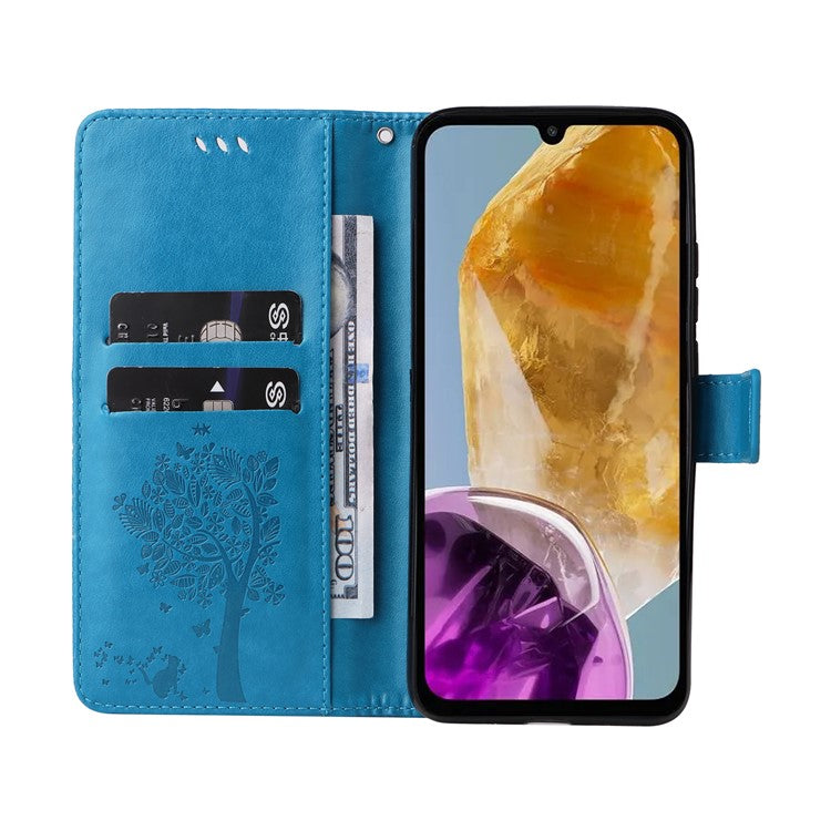 For Samsung Galaxy M15 5G Phone Case with Stand Cat Tree Pattern Leather Wallet Mobile Cover - Blue