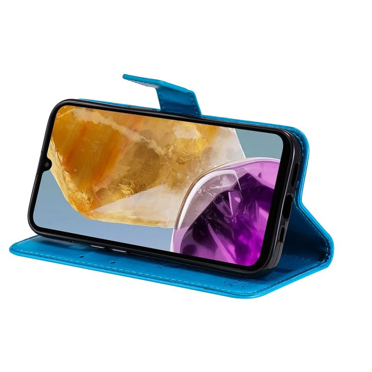For Samsung Galaxy M15 5G Phone Case with Stand Cat Tree Pattern Leather Wallet Mobile Cover - Blue