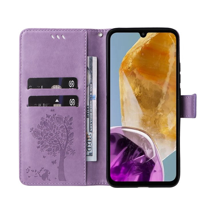 For Samsung Galaxy M15 5G Phone Case with Stand Cat Tree Pattern Leather Wallet Mobile Cover - Light Purple