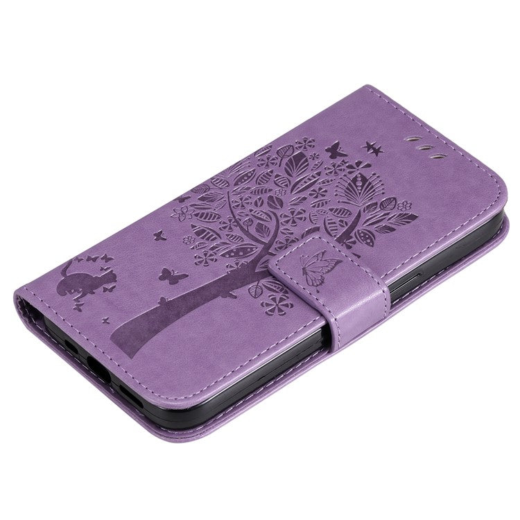 For Samsung Galaxy M15 5G Phone Case with Stand Cat Tree Pattern Leather Wallet Mobile Cover - Light Purple