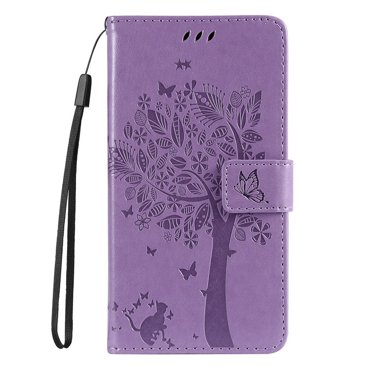 For Samsung Galaxy M15 5G Phone Case with Stand Cat Tree Pattern Leather Wallet Mobile Cover - Light Purple