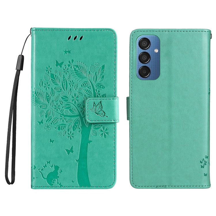 For Samsung Galaxy M15 5G Phone Case with Stand Cat Tree Pattern Leather Wallet Mobile Cover - Green