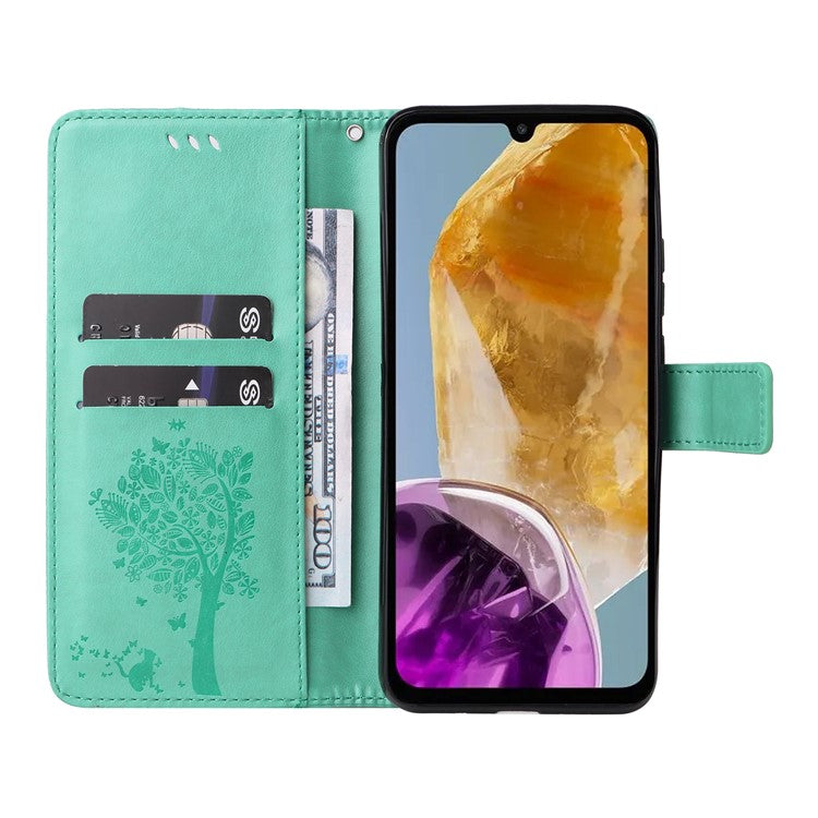 For Samsung Galaxy M15 5G Phone Case with Stand Cat Tree Pattern Leather Wallet Mobile Cover - Green