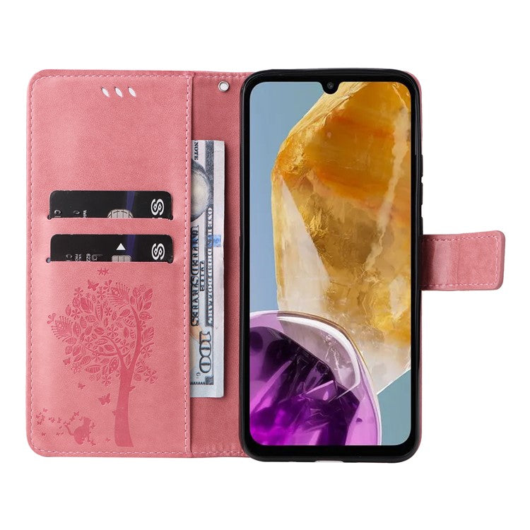 For Samsung Galaxy M15 5G Phone Case with Stand Cat Tree Pattern Leather Wallet Mobile Cover - Pink