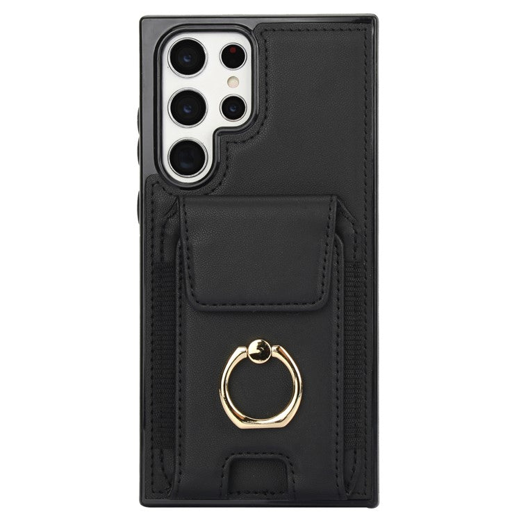 For Samsung Galaxy S22 Ultra 5G Case Card Holder Leather Coated TPU Kickstand Cover - Black