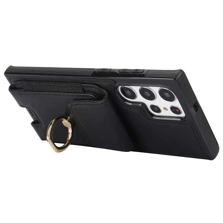 For Samsung Galaxy S22 Ultra 5G Case Card Holder Leather Coated TPU Kickstand Cover - Black