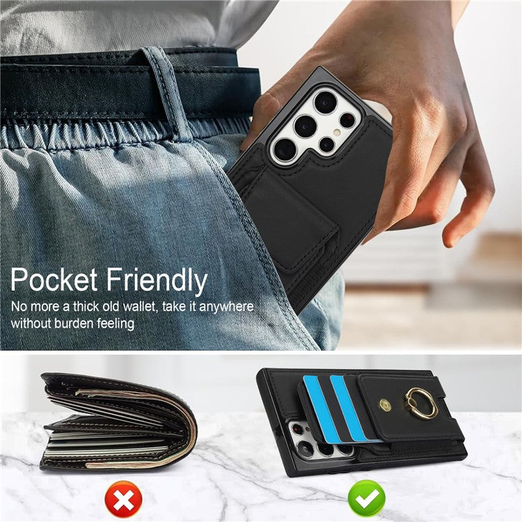 For Samsung Galaxy S22 Ultra 5G Case Card Holder Leather Coated TPU Kickstand Cover - Black