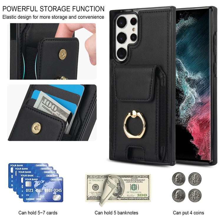 For Samsung Galaxy S22 Ultra 5G Case Card Holder Leather Coated TPU Kickstand Cover - Black