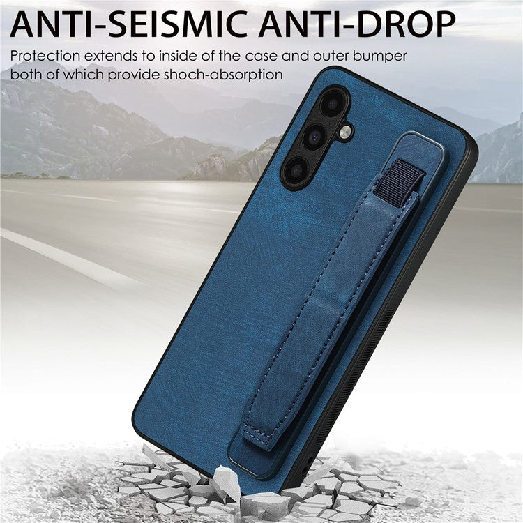 D11 For Samsung Galaxy A15 4G / 5G Case Wristband Kickstand PU Leather+TPU Phone Back Cover - Blue