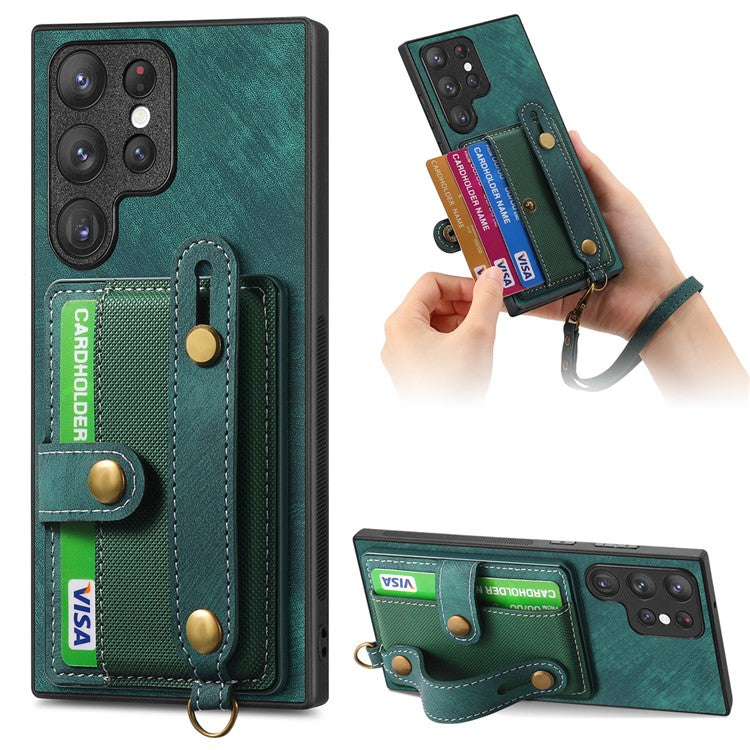 D9 For Samsung Galaxy S22 Ultra 5G Case Adjustable Strap Kickstand PU Leather+PC+TPU Phone Cover - Green