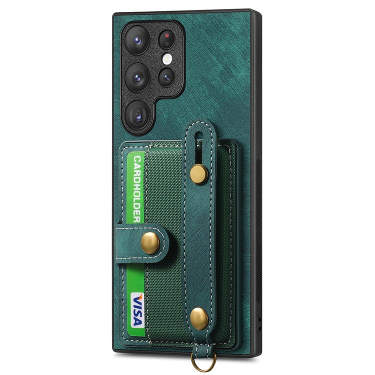 D9 For Samsung Galaxy S22 Ultra 5G Case Adjustable Strap Kickstand PU Leather+PC+TPU Phone Cover - Green