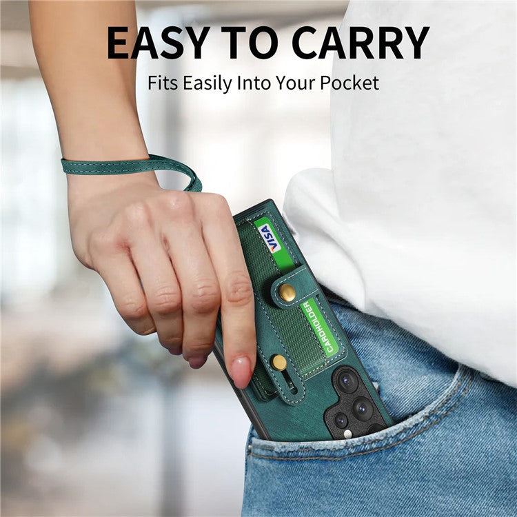 D9 For Samsung Galaxy S22 Ultra 5G Case Adjustable Strap Kickstand PU Leather+PC+TPU Phone Cover - Green