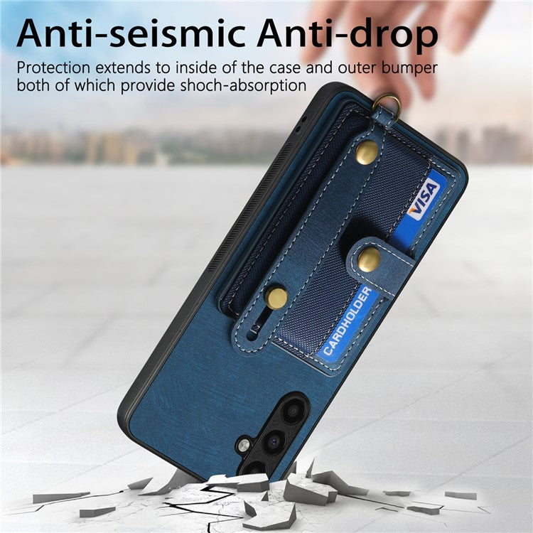 D9 For Samsung Galaxy A54 5G Case Wristband Finger Holder PU Leather Coated PC+TPU Phone Cover - Blue