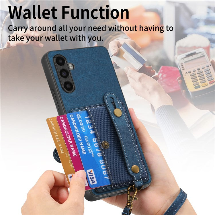 D9 For Samsung Galaxy A54 5G Case Wristband Finger Holder PU Leather Coated PC+TPU Phone Cover - Blue