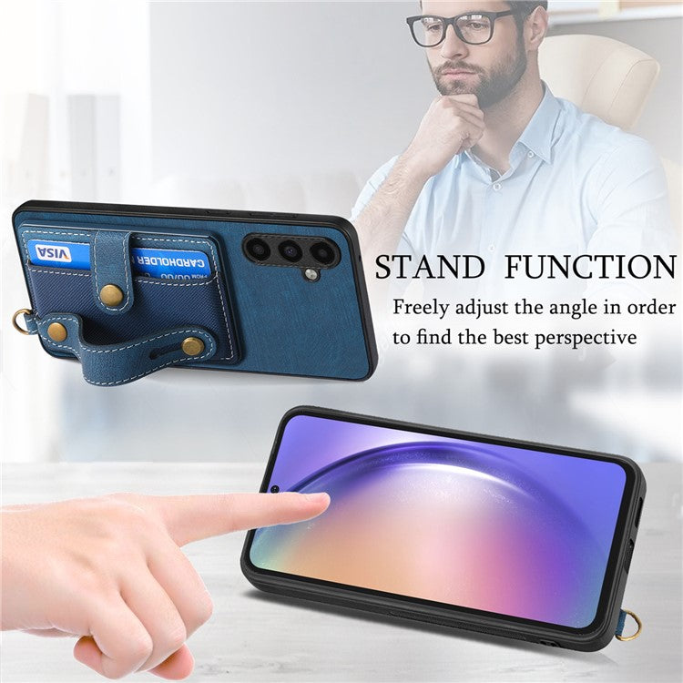 D9 For Samsung Galaxy A54 5G Case Wristband Finger Holder PU Leather Coated PC+TPU Phone Cover - Blue