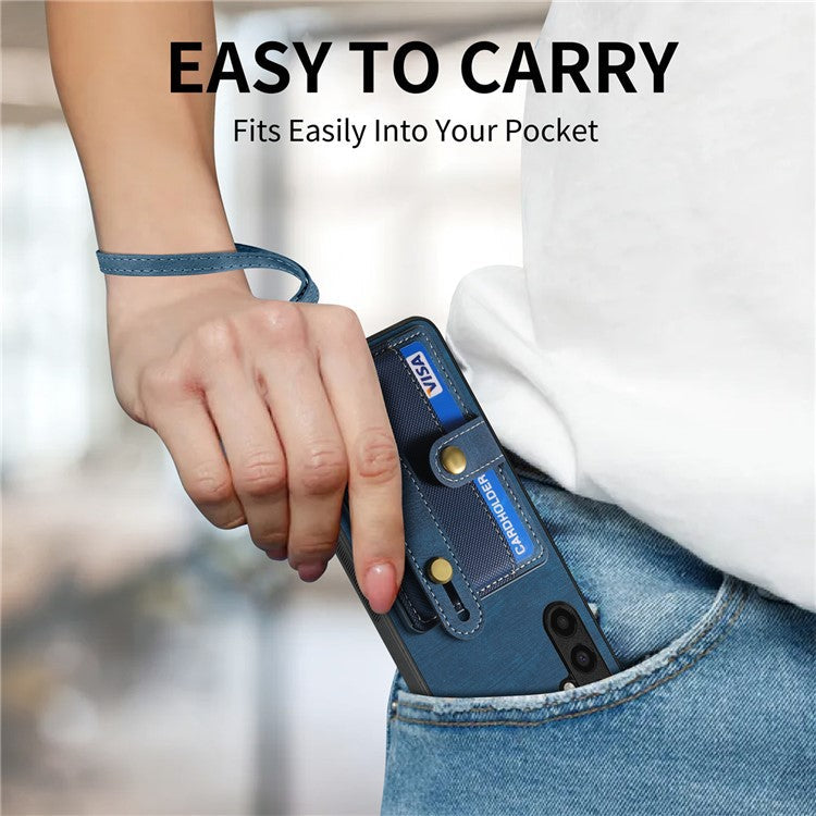 D9 For Samsung Galaxy A54 5G Case Wristband Finger Holder PU Leather Coated PC+TPU Phone Cover - Blue