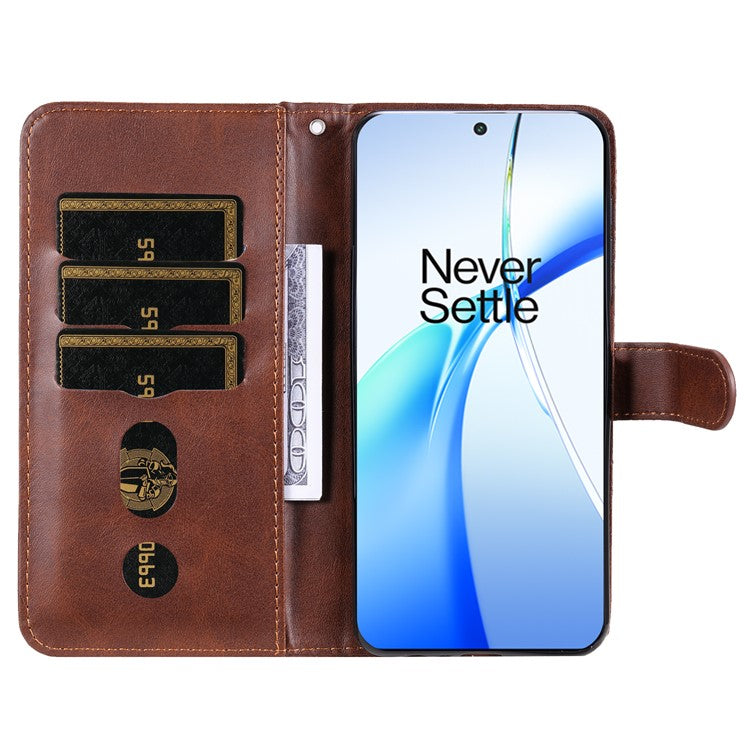 For OnePlus Ace 3V 5G Case Zipper Pocket Calf Texture Leather Folio Wallet Phone Cover - Brown