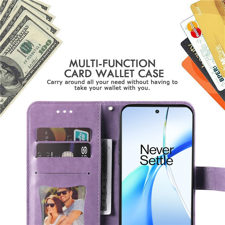 For OnePlus Ace 3V 5G Cell Phone Stand Case Imprinted Flower Pattern Wallet Cover - Purple