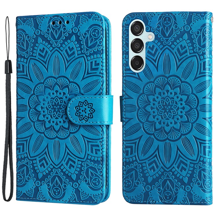 For Samsung Galaxy M15 5G / F15 5G PU Leather Phone Case Imprinted Sunflower Card Holder Stand Phone Cover - Blue
