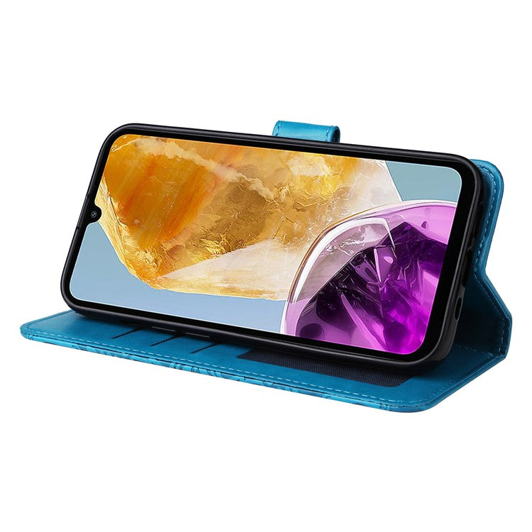 For Samsung Galaxy M15 5G / F15 5G PU Leather Phone Case Imprinted Sunflower Card Holder Stand Phone Cover - Blue