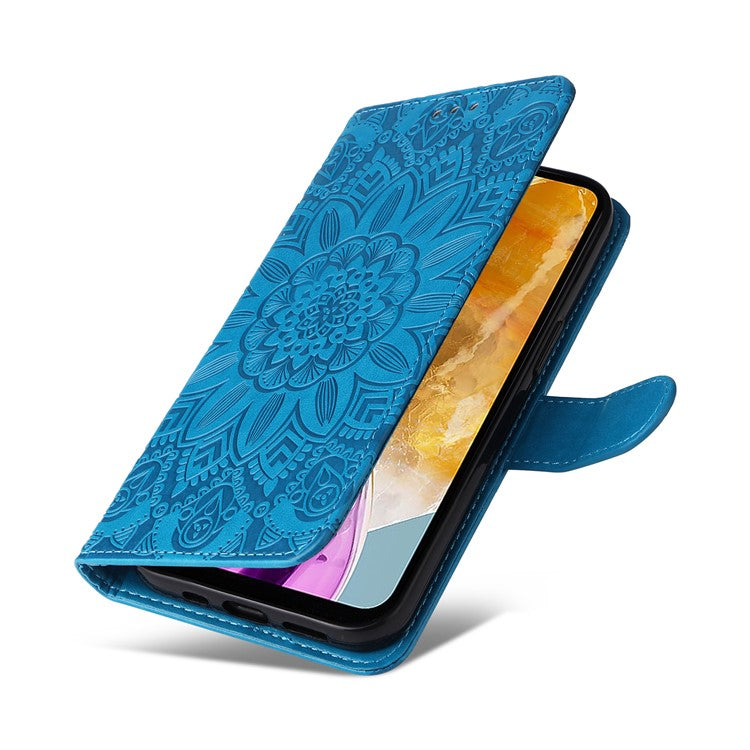 For Samsung Galaxy M15 5G / F15 5G PU Leather Phone Case Imprinted Sunflower Card Holder Stand Phone Cover - Blue