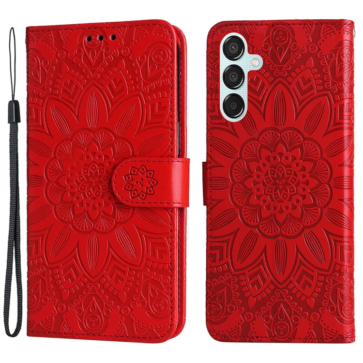 For Samsung Galaxy M15 5G / F15 5G PU Leather Phone Case Imprinted Sunflower Card Holder Stand Phone Cover - Red