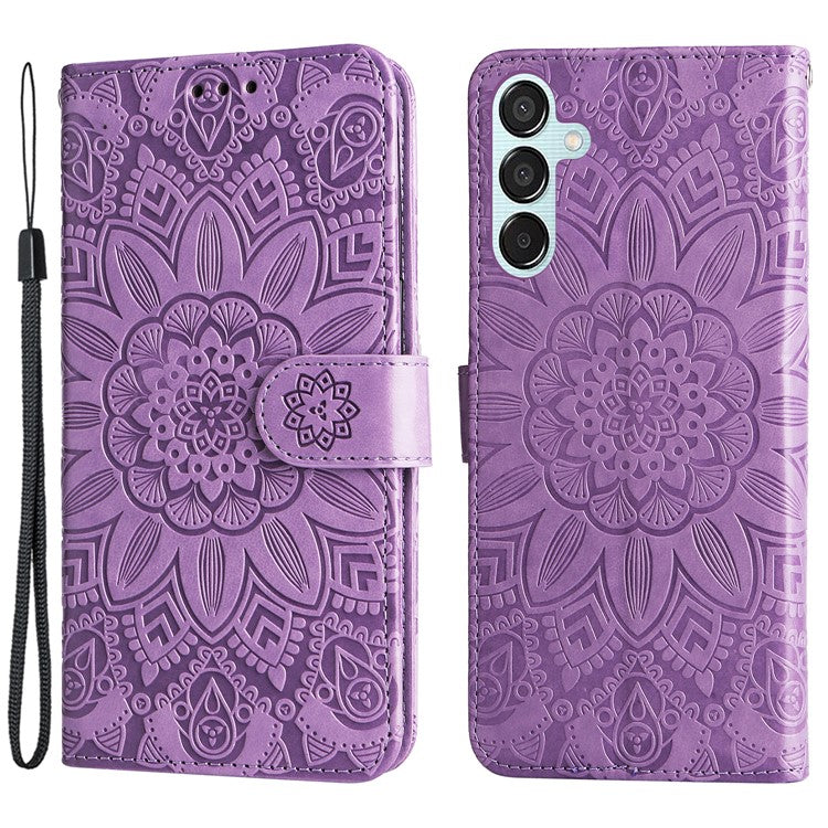 For Samsung Galaxy M15 5G / F15 5G PU Leather Phone Case Imprinted Sunflower Card Holder Stand Phone Cover - Purple
