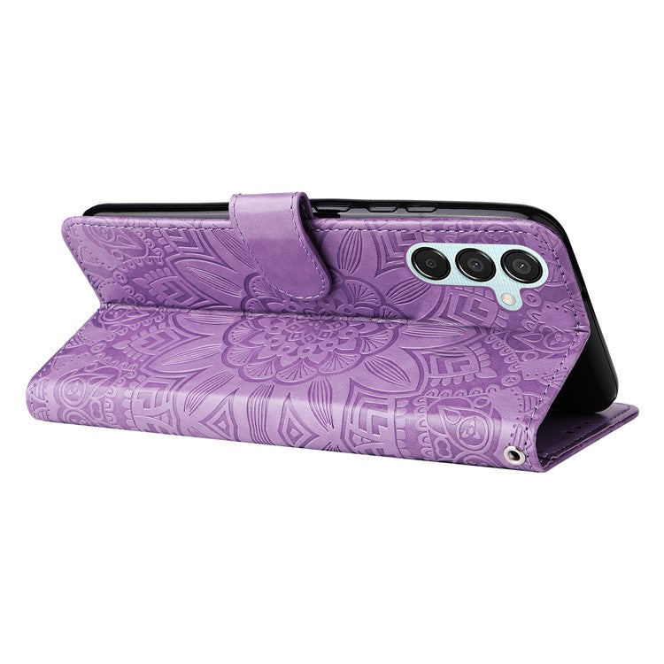 For Samsung Galaxy M15 5G / F15 5G PU Leather Phone Case Imprinted Sunflower Card Holder Stand Phone Cover - Purple