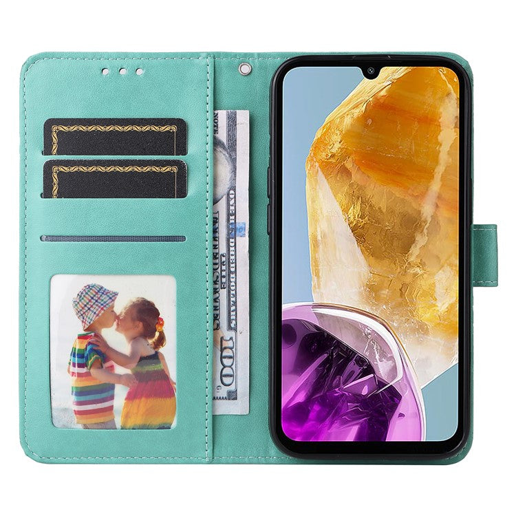 For Samsung Galaxy M15 5G / F15 5G PU Leather Phone Case Imprinted Sunflower Card Holder Stand Phone Cover - Green