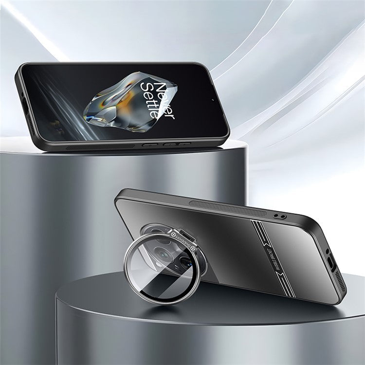 For OnePlus 12 5G Cell Phone Cases Matte PC+TPU Cover with Lens Frame Kickstand - Black