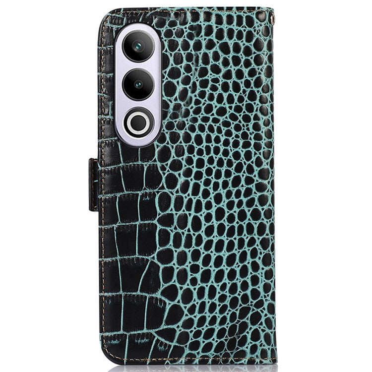 For OnePlus Nord CE4 5G / Oppo K12 Case Genuine Cow Leather Wallet Phone Cover Crocodile Texture - Green
