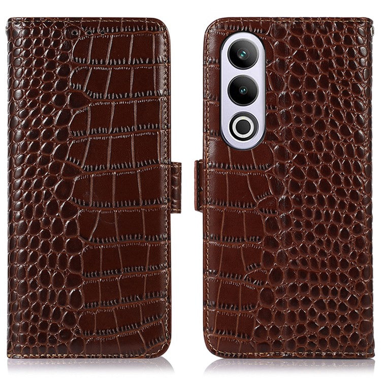 For OnePlus Nord CE4 5G / Oppo K12 Case Genuine Cow Leather Wallet Phone Cover Crocodile Texture - Brown