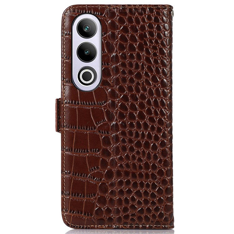 For OnePlus Nord CE4 5G / Oppo K12 Case Genuine Cow Leather Wallet Phone Cover Crocodile Texture - Brown