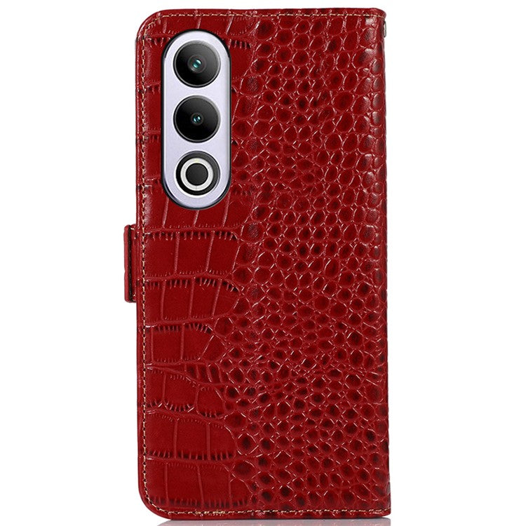 For OnePlus Nord CE4 5G / Oppo K12 Case Genuine Cow Leather Wallet Phone Cover Crocodile Texture - Red