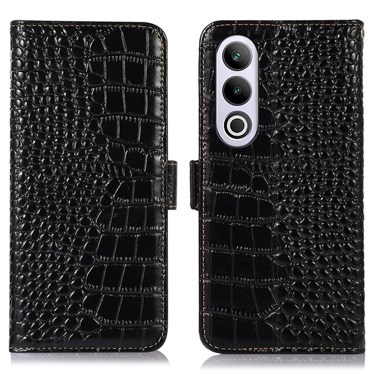 For OnePlus Nord CE4 5G / Oppo K12 Case Genuine Cow Leather Wallet Phone Cover Crocodile Texture - Black