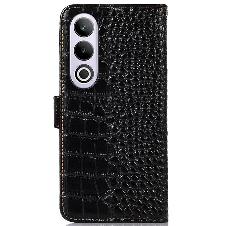 For OnePlus Nord CE4 5G / Oppo K12 Case Genuine Cow Leather Wallet Phone Cover Crocodile Texture - Black