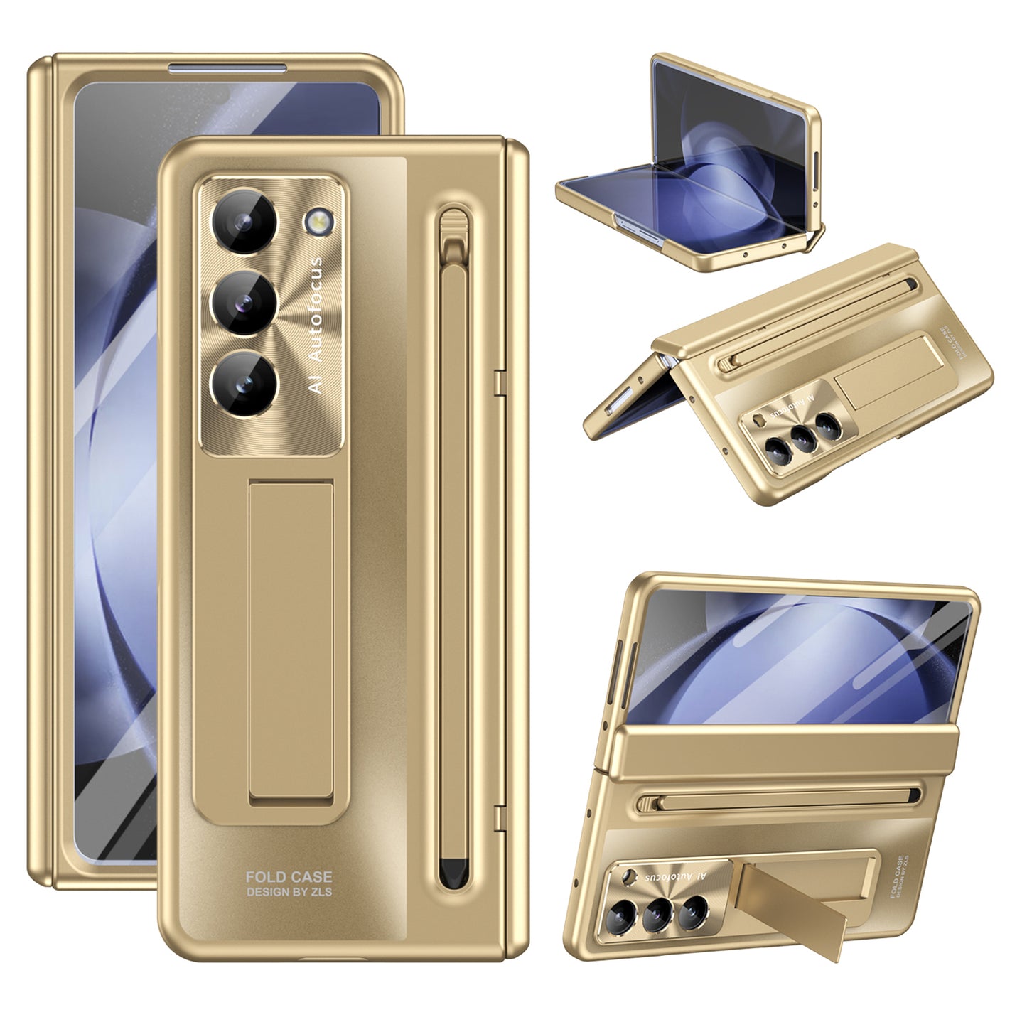 For Samsung Galaxy Z Fold6 5G Kickstand Case Hinge PC Phone Cover with Tempered Glass Film / Stylus - Gold