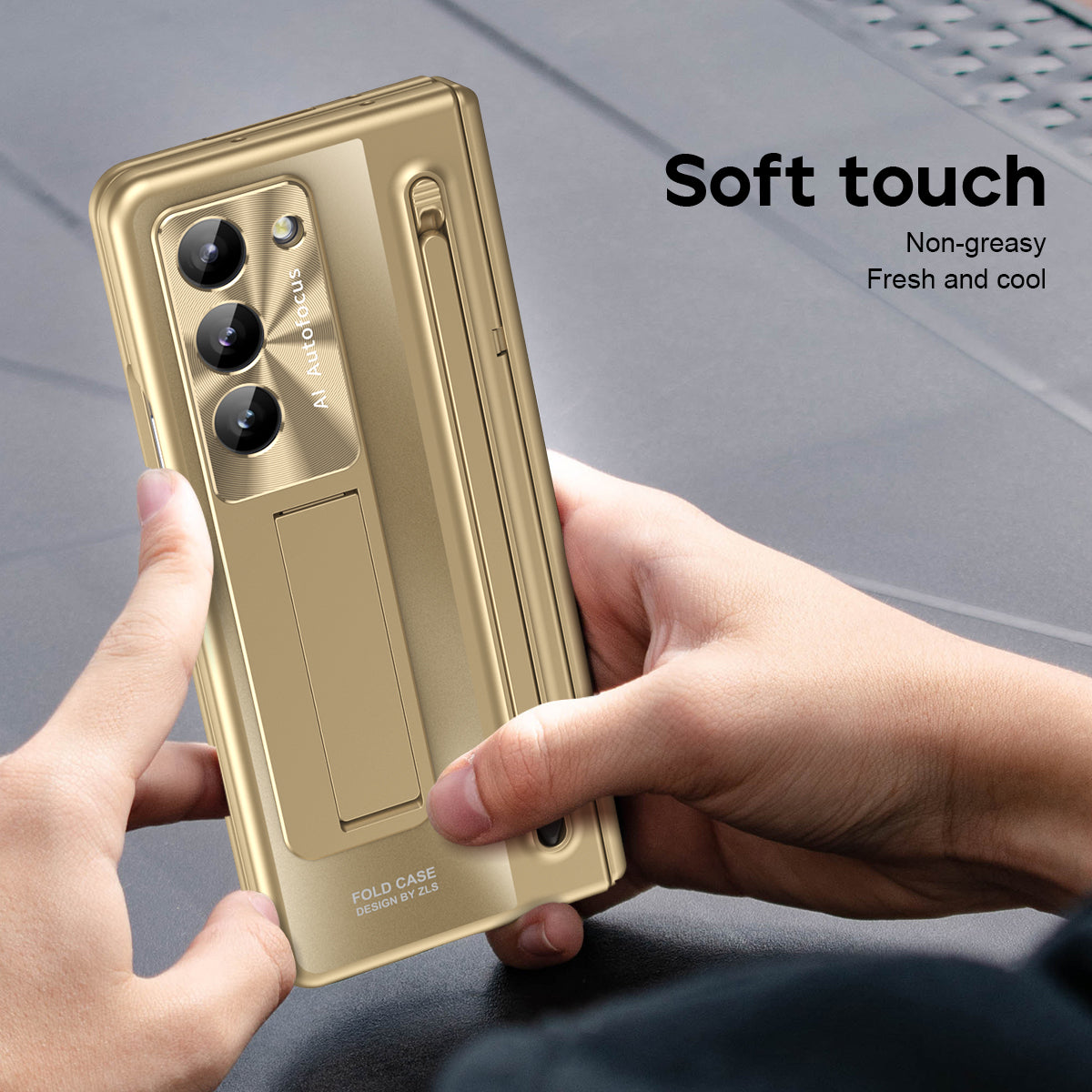 For Samsung Galaxy Z Fold6 5G Kickstand Case Hinge PC Phone Cover with Tempered Glass Film / Stylus - Gold