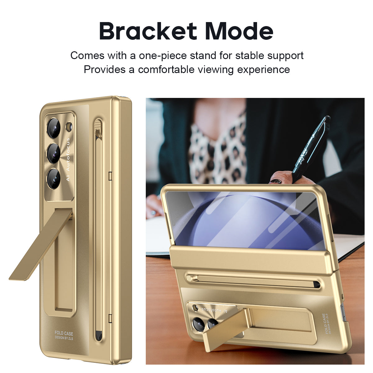 For Samsung Galaxy Z Fold6 5G Kickstand Case Hinge PC Phone Cover with Tempered Glass Film / Stylus - Gold