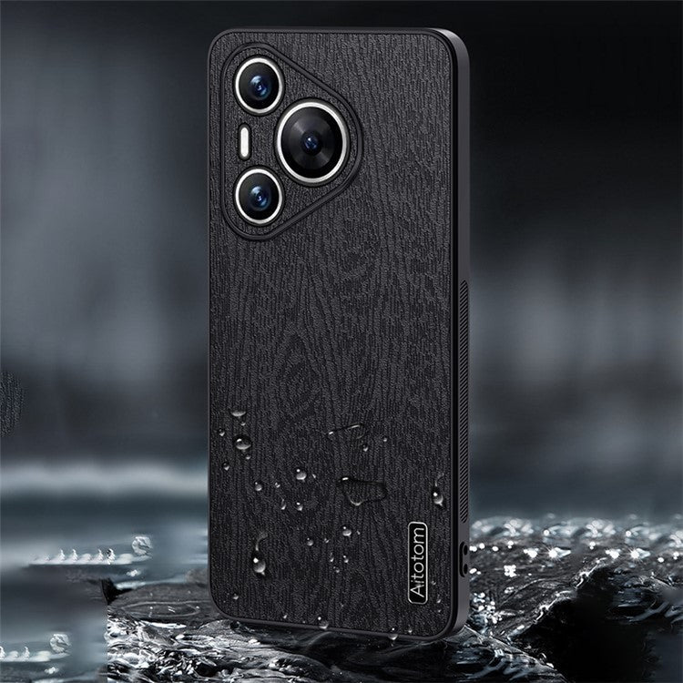 For Huawei Pura 70 Phone Case Wood Texture Leather Coating PC+TPU Hybrid Shell - Grey