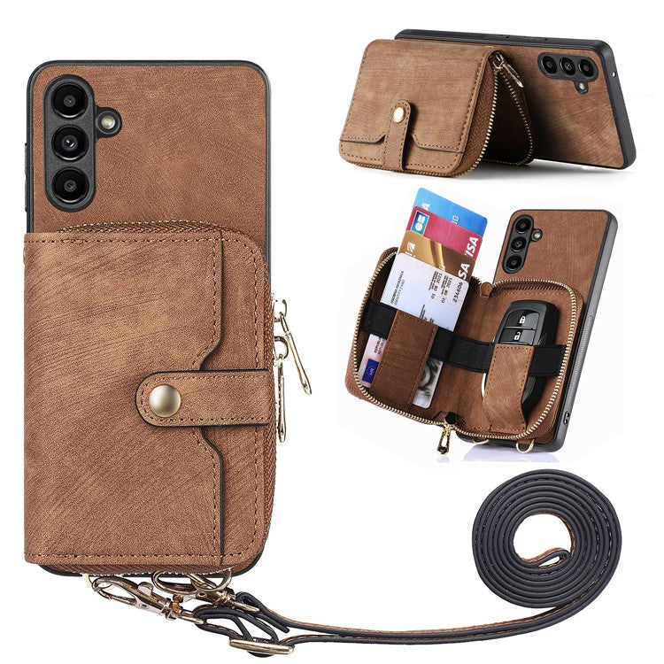 D3 for Samsung Galaxy A05s 4G Case Zipper Retro Leather Back Cover with Crossbody Strap - Brown