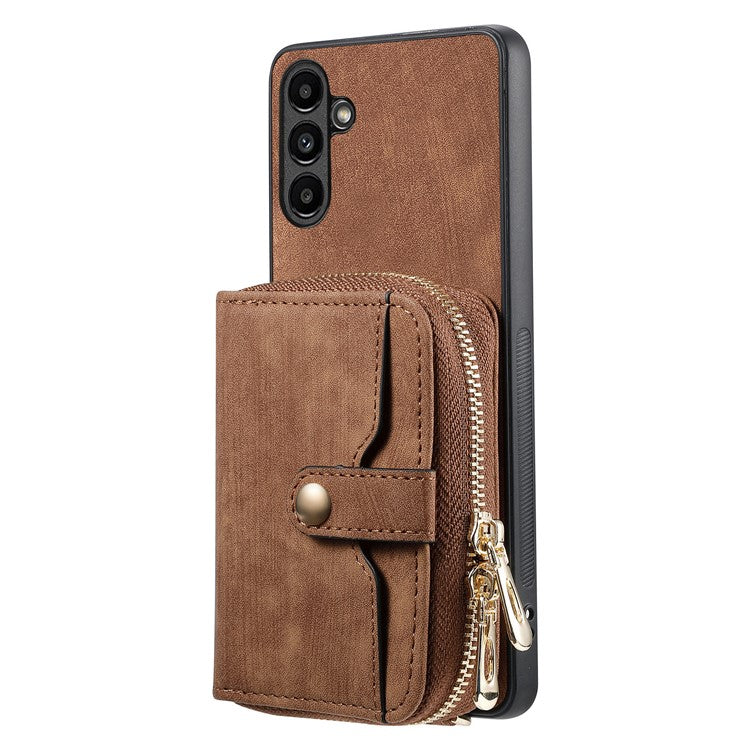 D3 for Samsung Galaxy A05s 4G Case Zipper Retro Leather Back Cover with Crossbody Strap - Brown