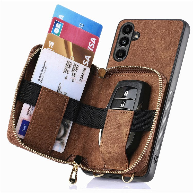 D3 for Samsung Galaxy A05s 4G Case Zipper Retro Leather Back Cover with Crossbody Strap - Brown