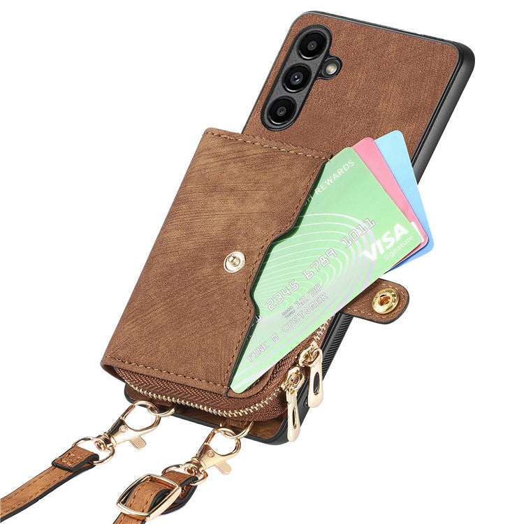 D3 for Samsung Galaxy A05s 4G Case Zipper Retro Leather Back Cover with Crossbody Strap - Brown
