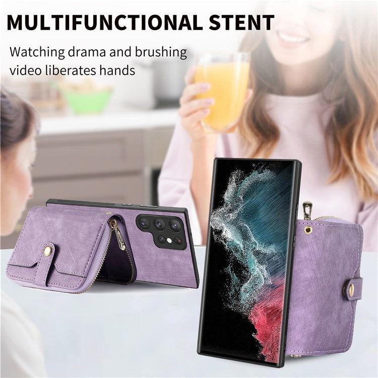 D3 Phone Case Wallet for Samsung Galaxy S22 Ultra 5G Zipper Pocket PU Leather+PC+TPU Phone Cover - Purple