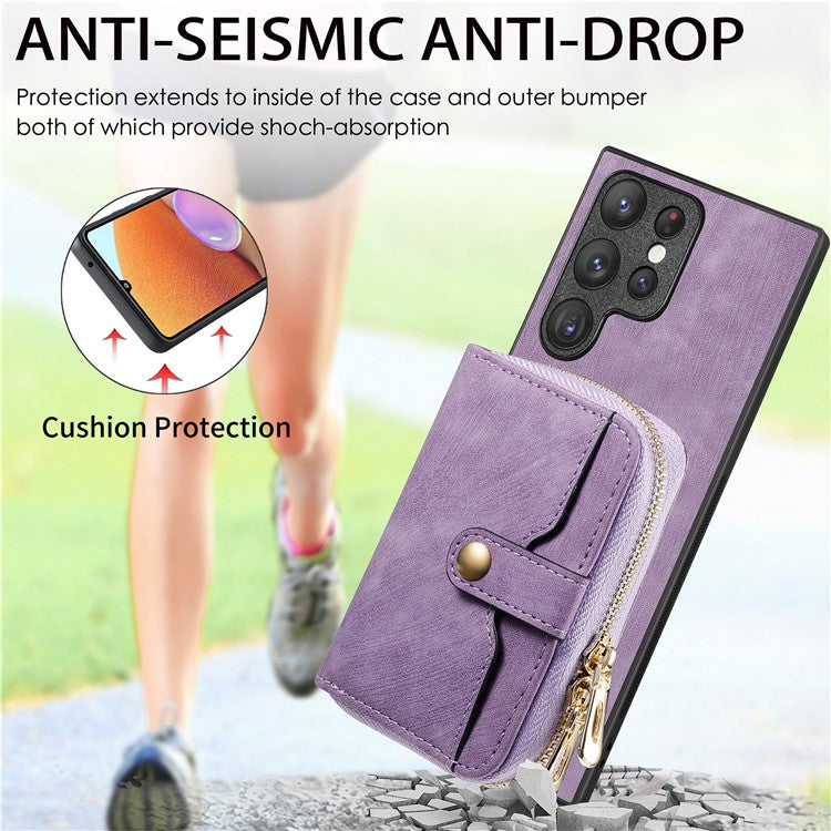 D3 Phone Case Wallet for Samsung Galaxy S22 Ultra 5G Zipper Pocket PU Leather+PC+TPU Phone Cover - Purple