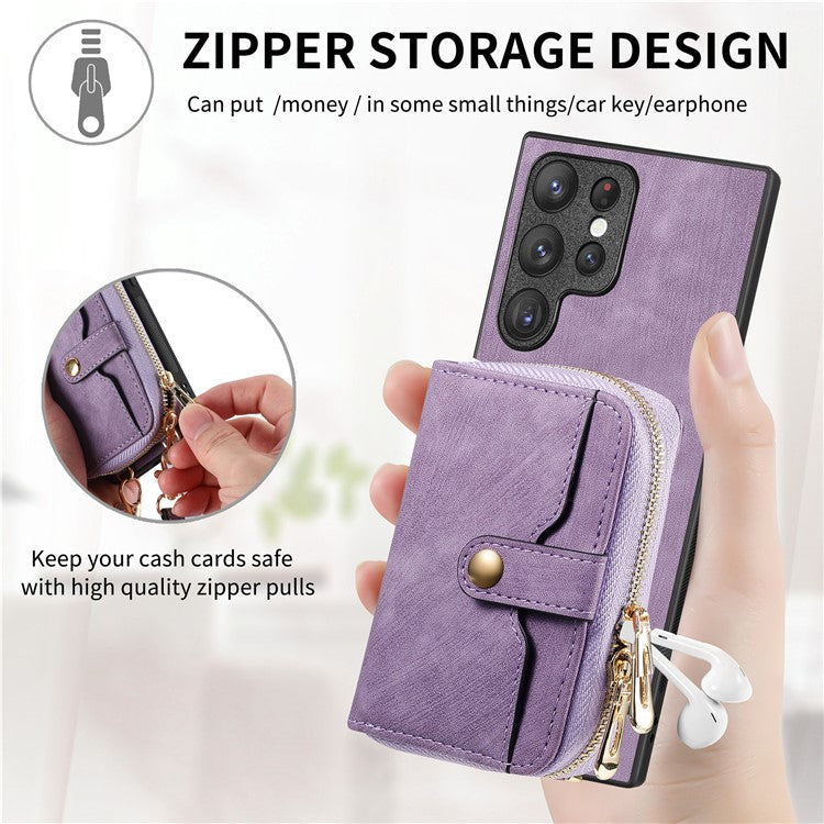 D3 Phone Case Wallet for Samsung Galaxy S22 Ultra 5G Zipper Pocket PU Leather+PC+TPU Phone Cover - Purple