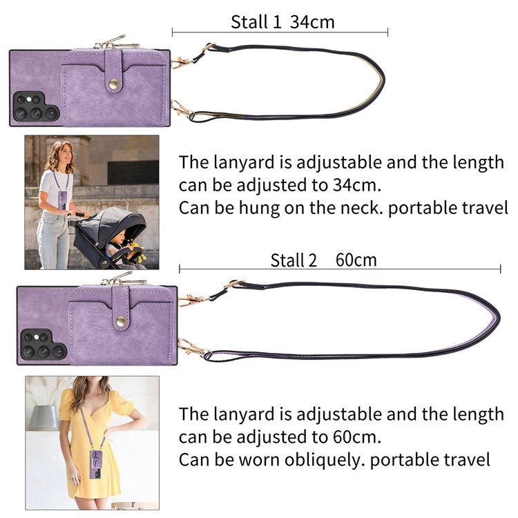 D3 Phone Case Wallet for Samsung Galaxy S22 Ultra 5G Zipper Pocket PU Leather+PC+TPU Phone Cover - Purple