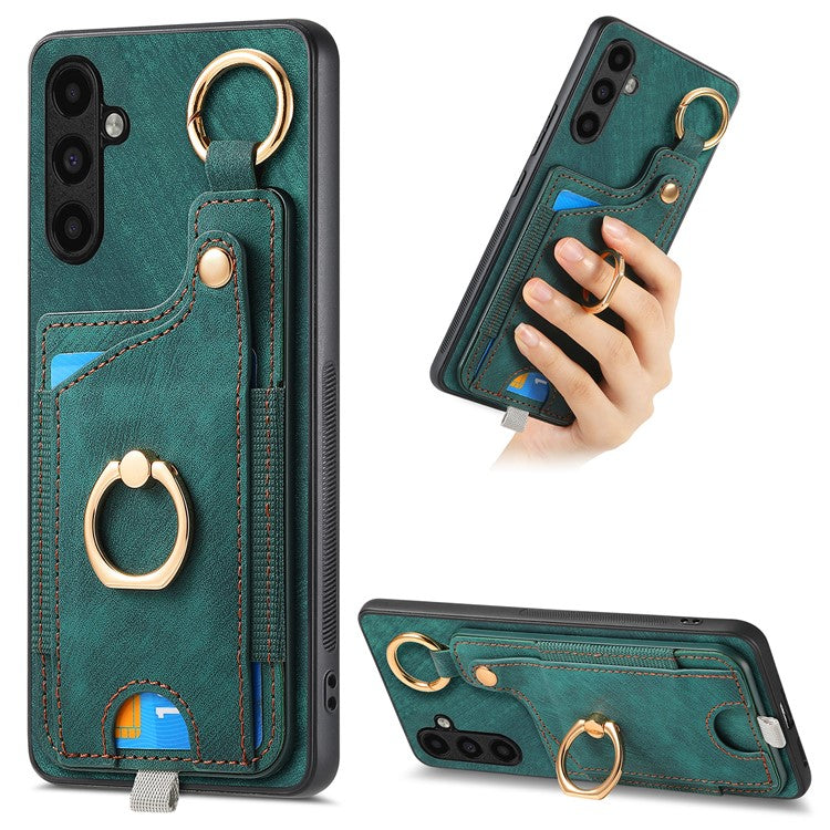 D6 For Samsung Galaxy A55 5G Case Card Holder Leather+TPU Phone Back Cover with Ring Kickstand - Green