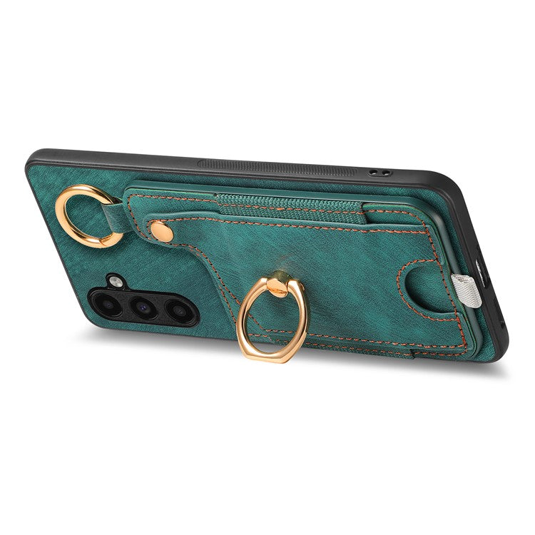 D6 For Samsung Galaxy A55 5G Case Card Holder Leather+TPU Phone Back Cover with Ring Kickstand - Green